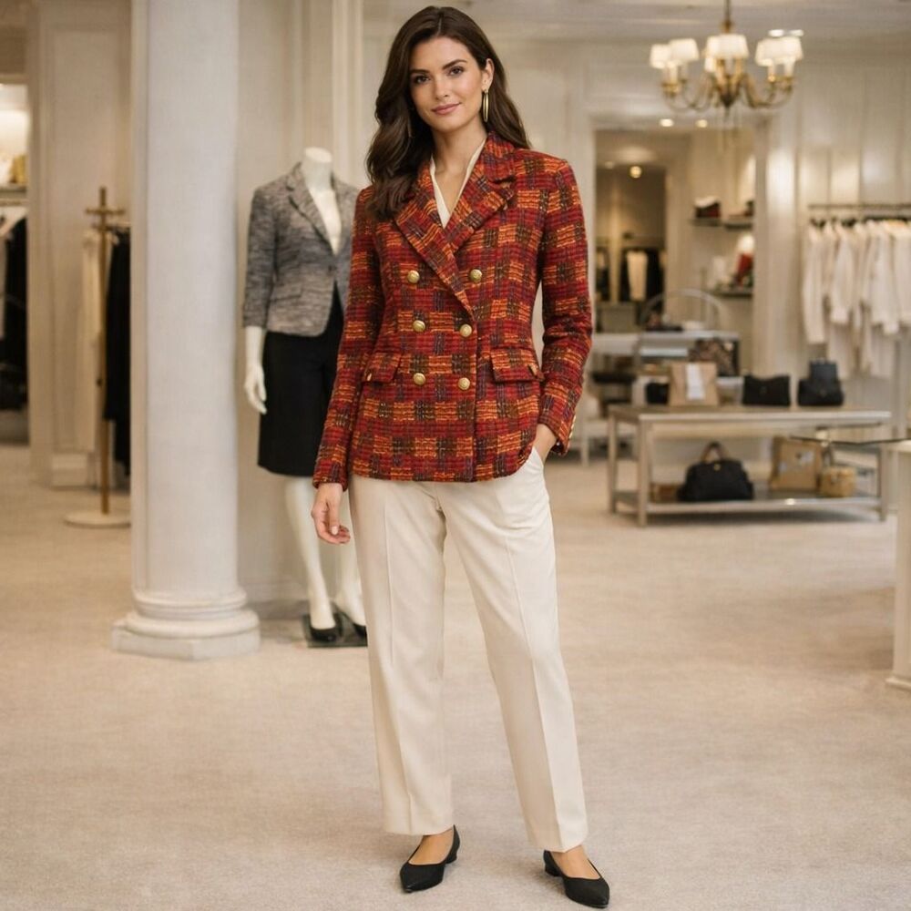 ESCADA Margaretha Ley GERMANY Vintage Tweed Blazer Jacket RedGold 40 WOOL MOAHIR